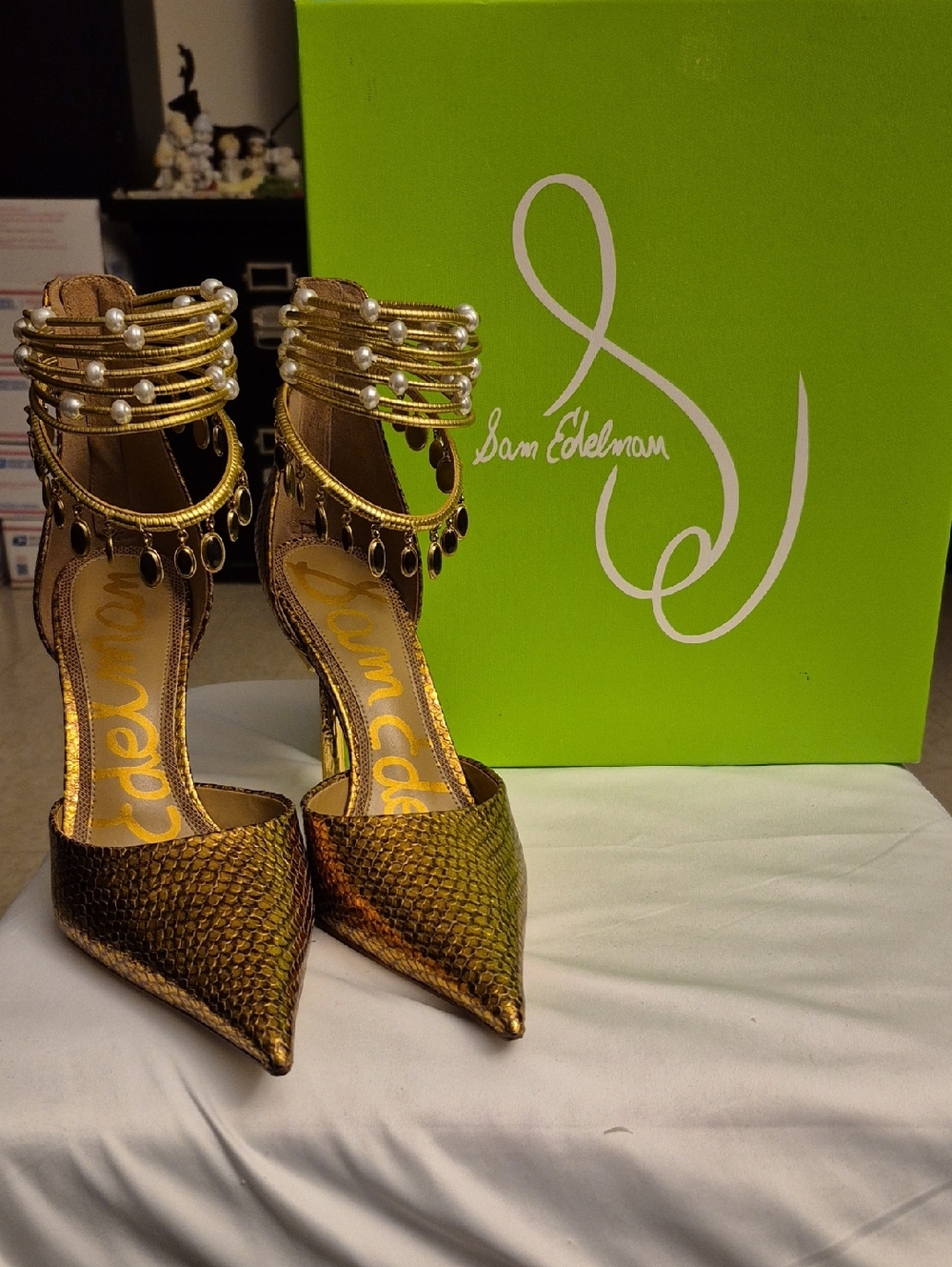 New* Sam Edelman Metallic Gold Textured Ankle-Strap Heels with Box
